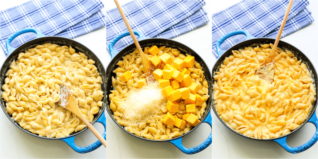 Some of the steps to making Velveeta mac and cheese. Melt the butter in a large skillet over medium heat. Add the garlic and cook for a minute. Stir in the chicken broth, heavy cream, and milk. Bring the mixture to a gentle boil. Add the pasta and cook until it is tender and most of the liquid has been absorbed or cooked down. Stir in the Velveeta and Parmesan cheese
