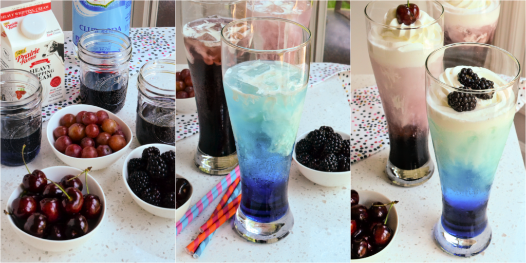 Add ice to the glasses. Pour club soda into the glasses. Add the flavor syrup, then add the heavy cream. Top with whipped cream and assorted cherries, grapes, blackberries, or other fruit.
