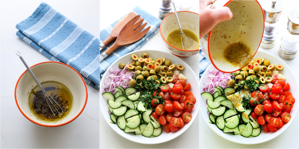 How to make hearts of palm salad. Whisk the oil, vinegar, mustard, garlic, marjoram, salt, and black pepper. Add the hearts of palm, red onion, cucumber, tomatoes, green olives, and parsley to a large serving bowl. Drizzle with the vinaigrette