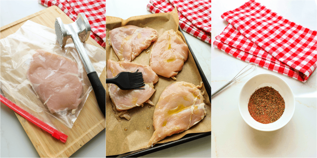 Some of the steps to making oven baked BBQ chicken. Pound the chicken breasts to an even thickness, about ½ to ¾ inch thick. Brush the chicken breasts with olive oil. Whisk the spices together