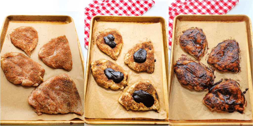 Some of the steps to making oven baked BBQ chicken. rub the breasts with the rub. Let the breasts rest for 30-60 minutes.
Bake the chicken breast for 5 minutes. Baste the chicken with barbecue sauce and bake for 5 minutes.