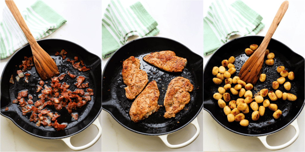 Some of the steps to making chicken and gnocchi. Cook the bacon until crispy. Remove to a paper towel to drain. Cook the chicken until brown and cooked through. Remove the chicken to a plate. Brown the gnocchi and remove it to the plate.