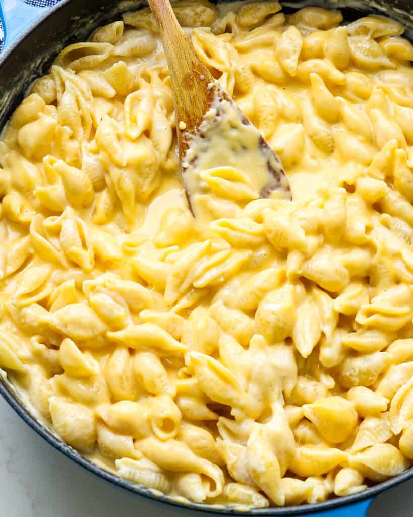 A close up view of homemade Velveeta mac and cheese.