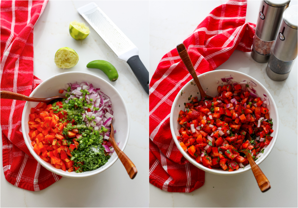 Some of the steps for making strawberry salsa.. Toss all the ingredients together. Season with freshly ground black pepper and salt, lightly. 