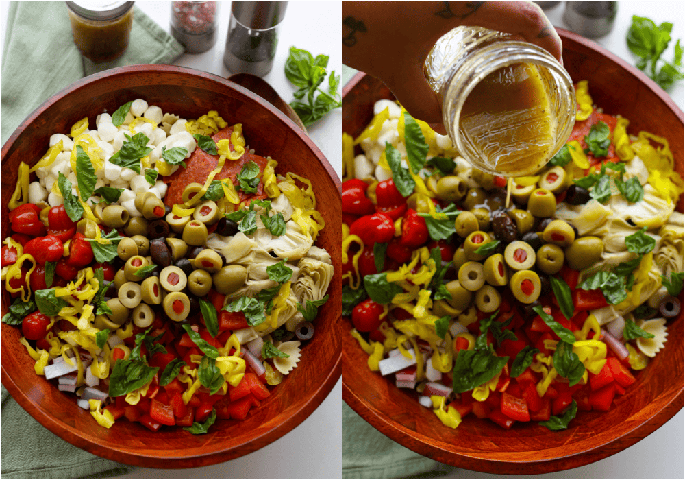 Some of the steps for making antipasto pasta salad. Combine the pasta, pepperoni, bell pepper, grape tomatoes, olives, red onion, peperoncini, mozzarella pearls, artichoke hearts, and fresh basil. Drizzle with the vinaigrette and toss to coat.
