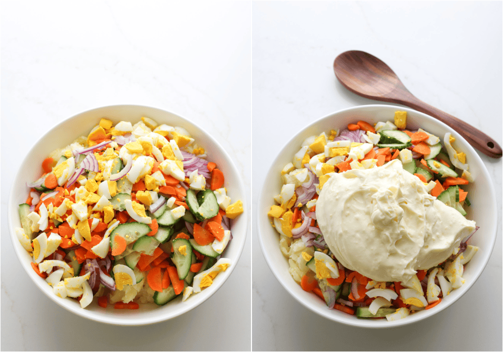 Some of the steps to making Japanese potato salad. Combine cooled mashed potatoes, cucumber, hard-boiled eggs, carrots, and red onions in a large bowl. Spoon the dressing over the top.