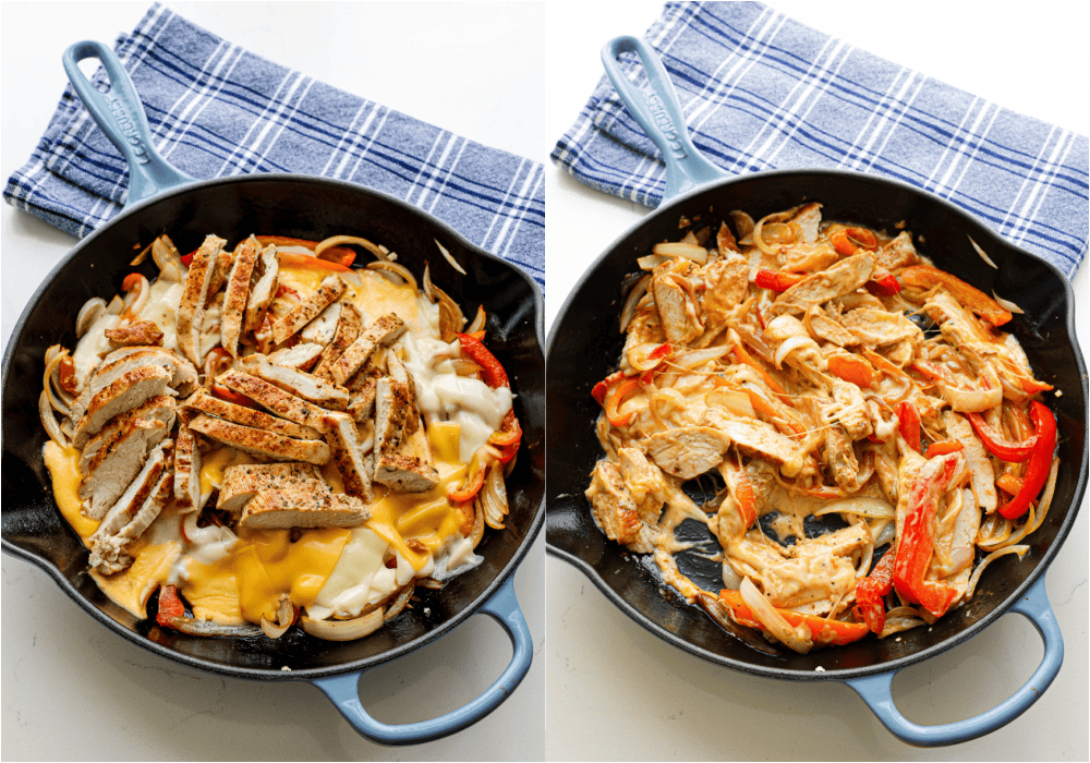 Some of the steps to making chicken cheesesteak. Add the cheese to the skillet and cover to melt. Slice the chicken and add it to the skillet. Stir to combine.