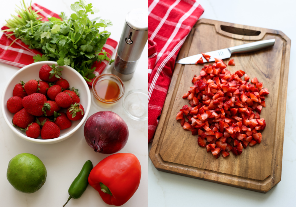 Some of the steps for making strawberry salsa. Skip the food processor and chop the ingredients finely with a sharp knife.