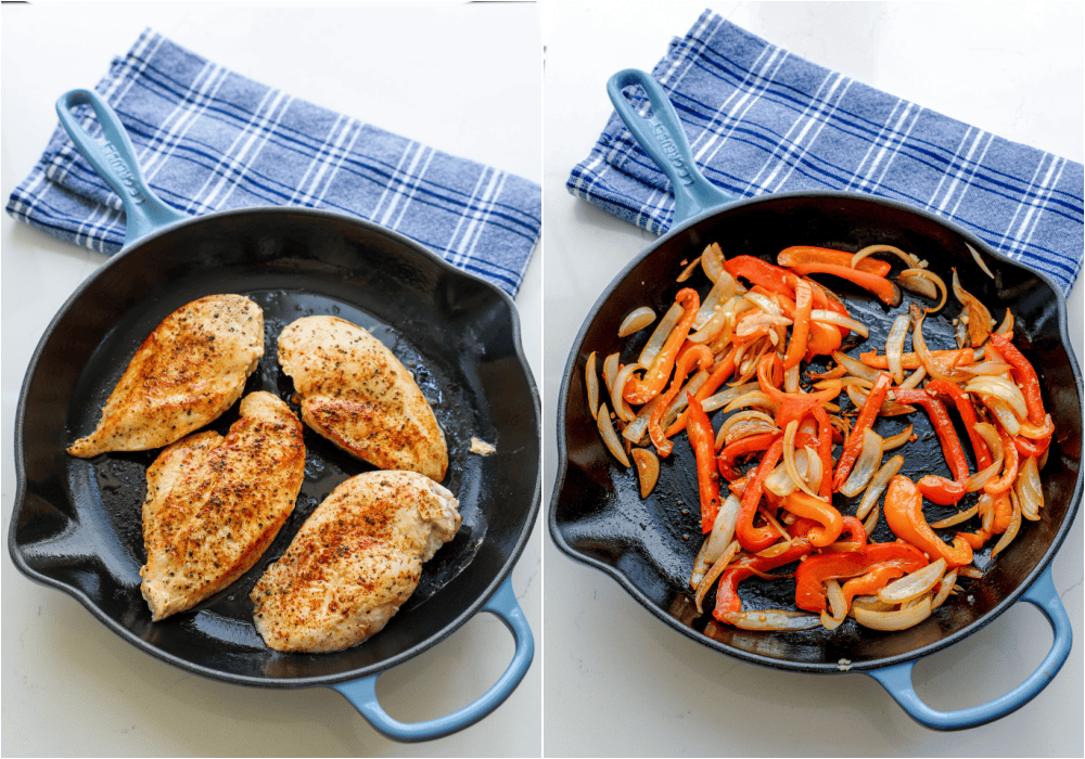 Some of the steps to making chicken cheesesteak. Season the chicken breast with salt, pepper, and smoked paprika. Heat a little olive oil in a large skillet over medium heat. Add the chicken and cook until brown on both sides and cooked through. Plate the chicken. Cook the bell peppers and onions in a little oil over medium-low heat in the same skillet.