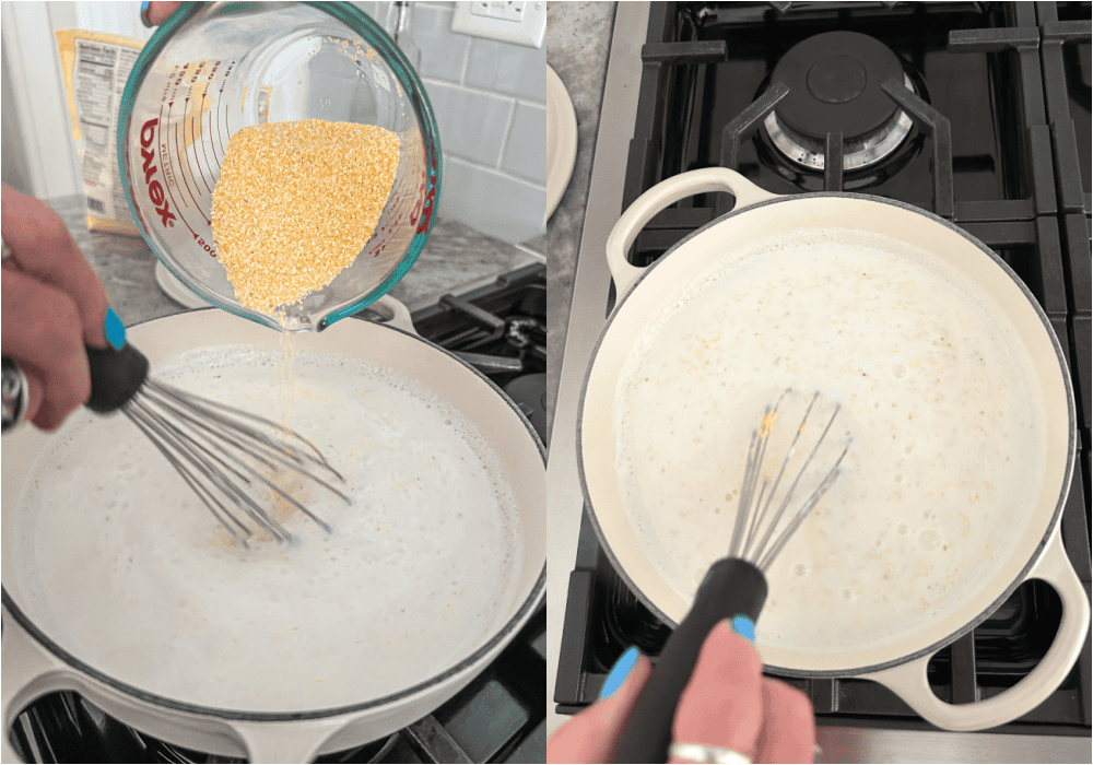 Some of the steps to making creamy polenta. Slowly add the polenta while whisking. Reduce the heat to a simmer and continue whisking every couple of minutes until thickened and smooth.