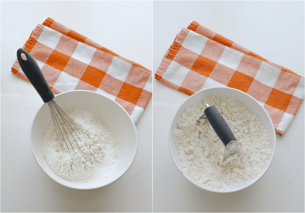 Some of the steps to making sour cream biscuits. Whisk the flour, baking powder, baking soda, and salt together. Cut in the butter with a pastry knife.
