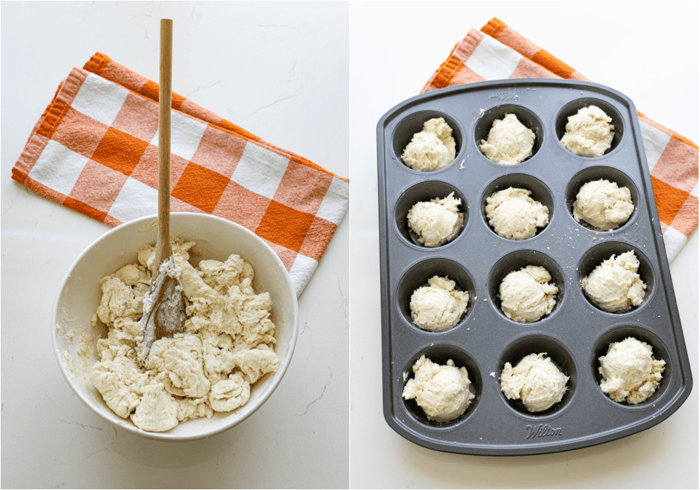 Some of the steps to making sour cream biscuits. Stir in the sour cream. Using an ice cream scoop, divide the dough into a well-greased muffin tin.