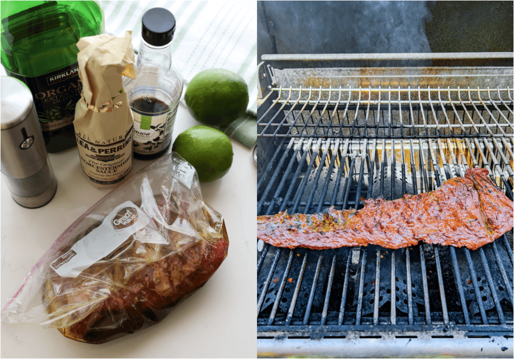 Some of the steps for making marinated, grilled skirt steak. 