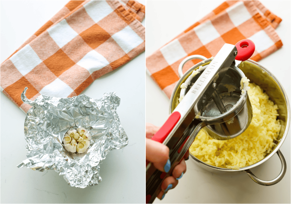 Some of the steps for making Yukon Gold mashed potatoes. Roast the garlic. Boil the potatoes in salted water and run them through a potato ricer if you have one.