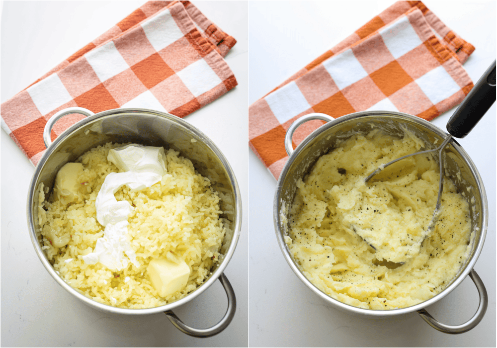 Some of the steps for making Yukon Gold mashed potatoes. Add the butter, sour cream, and milk. Cover the pot to help the butter melt. Use a potato masher to blend the ingredients and make the mashed potatoes ultra smooth.
