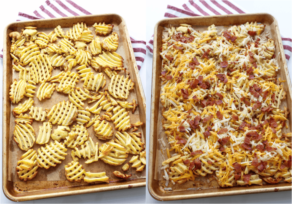 Some of the steps for making loaded waffle fries. Bake the waffle fries. Layer the fries with both cheeses and chopped bacon. Place the baking sheet in the oven till the cheese melts