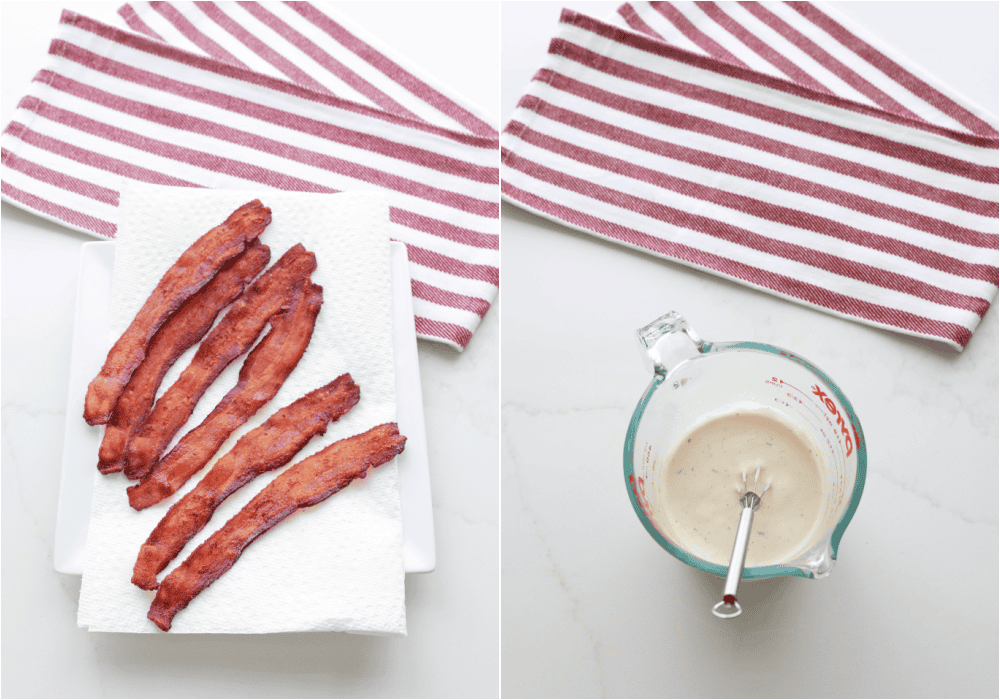 Soime of the steps for making loaded fries. Cook the bacon crispy. Mix the ranch dressing with adobo sauce.