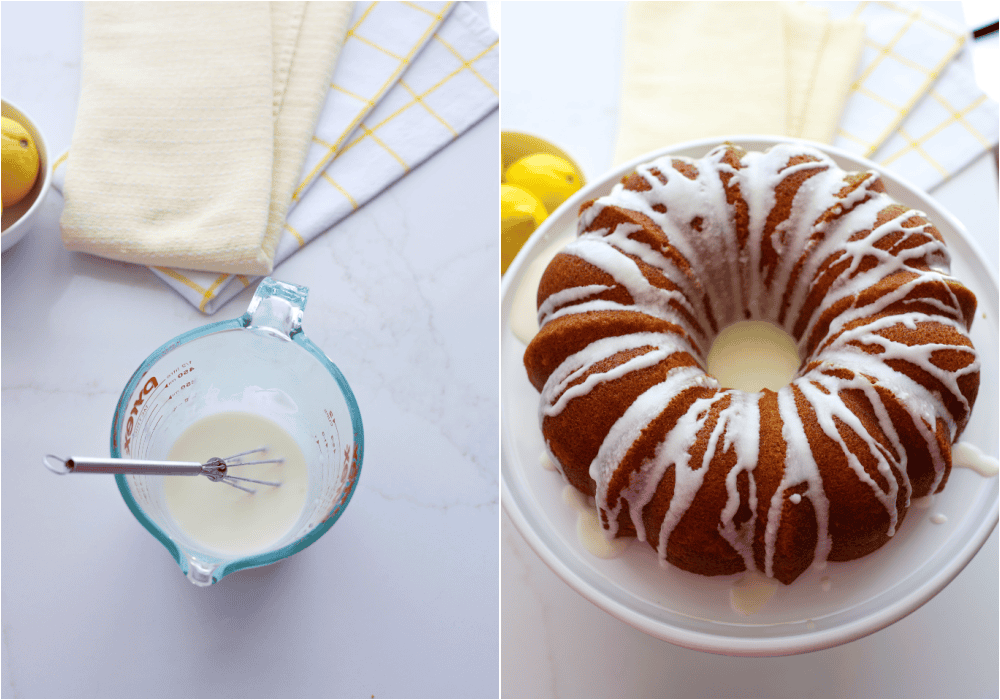 Some of the steps for lemon bundt cake. Whisk the powdered sugar, butter, lemon juice, and salt. Adjust the amount of lemon juice to the desired consistency. 
Drizzle the lemon glaze over the cake.