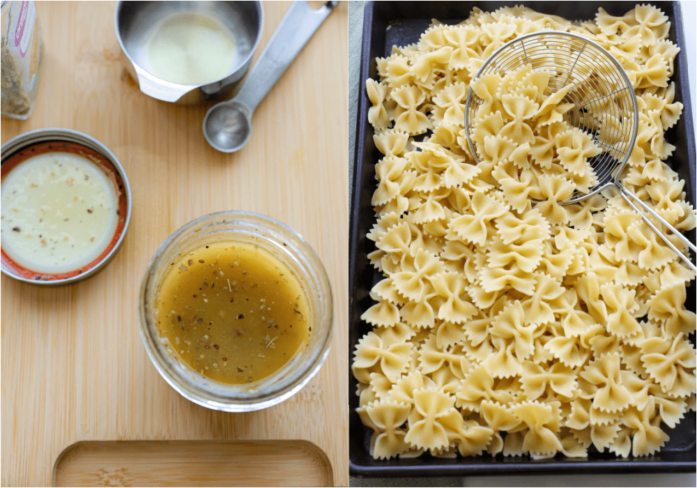 Some of the steps for making antipasto pasta salad. Cook the pasta al dente and drain well.
Add the Italian vinaigrette ingredients to a mason jar. Seal tight and shake to combine.