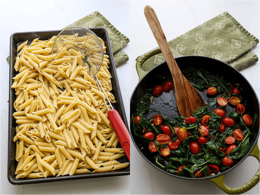 Some of the steps for making Boursin pasta. Cook the pasta al dente according to package instructions and drain well. Reserve ½ cup of pasta water for thinning the sauce. Cook the grape tomatoes and spinach in a little bit of butter on the stovetop over medium-low heat.