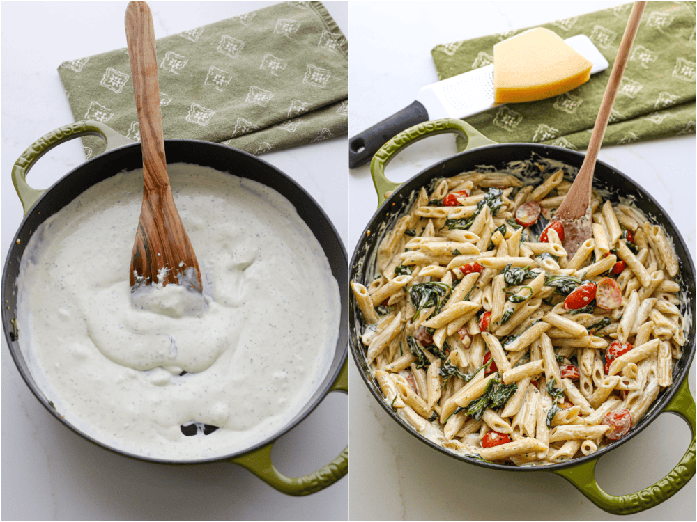 Some of the steps for making Boursin pasta. Stir in the cream and Boursin cheese. Cook over very low heat until melted.
Add the drained pasta, sprinkle with fresh herbs, and season to taste with salt and freshly ground black pepper.