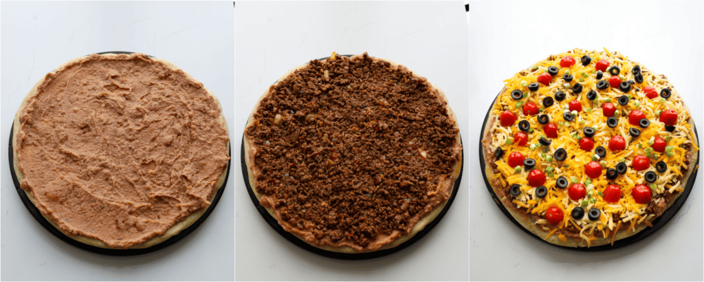 Some of the steps to making taco pizza. Spread the refried bean mixture over the prebaked crust. Top with the seasoned beef, cheddar cheese, black olives, green onions, and tomatoes. 