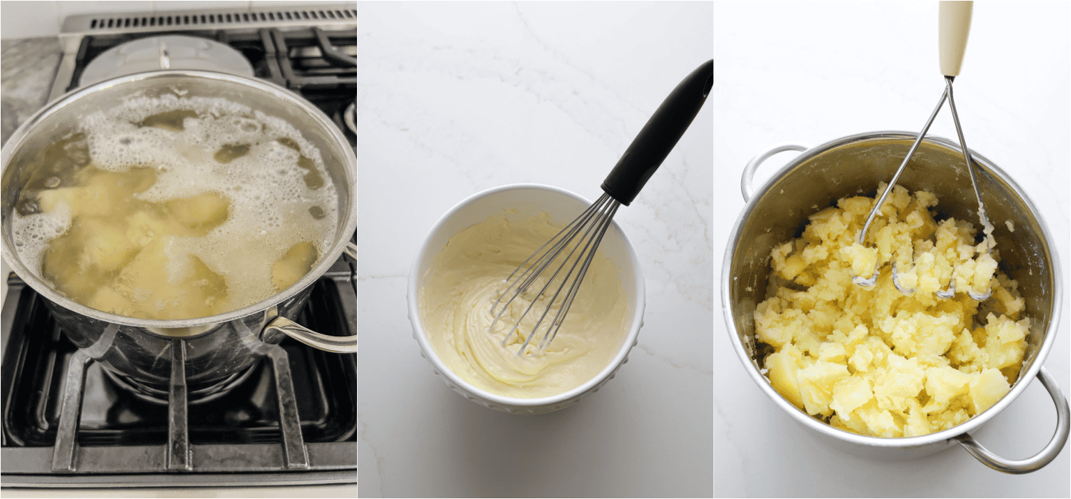 Some of the steps to making Japanese potato salad. Add the potatoes and salt to a large pot of cold water. Bring the pot to a gentle boil. Cook until fork tender and drain well. Let the potatoes cool a bit. Meanwhile, mix the mayonnaise, ginger, and sugar. Coarsely mash the potatoes, preferably with an old wired masher.