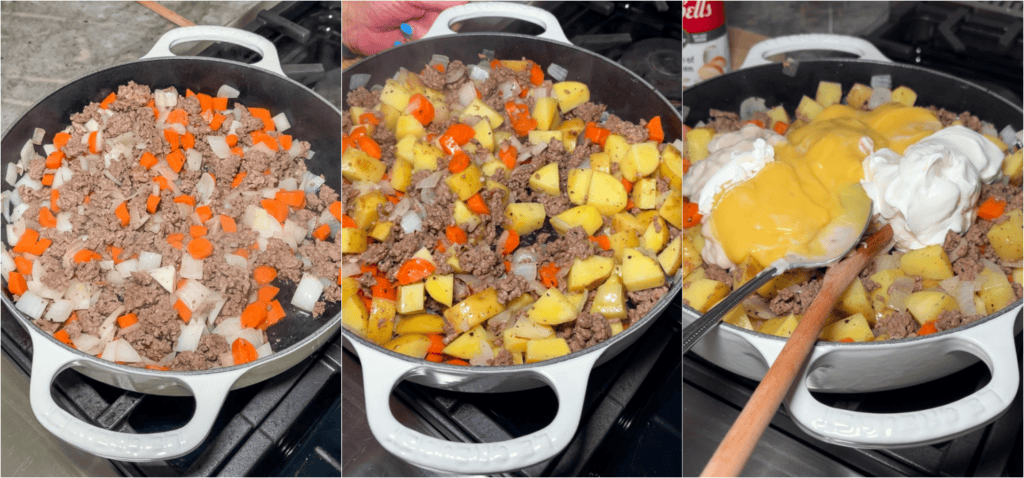 Some of the steps for making hobo casserole. Brown the ground beef over medium heat. While it is cooking, season it with salt and freshly ground black pepper. About halfway through the browning process, add the onions and carrots.

Reduce the heat to low and add the garlic and potatoes, cooking for several minutes. Stir in the mushroom soup, cream of chicken soup, and sour cream.