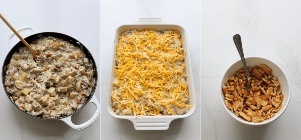 Some of the steps for making hobo casserole. Spoon half of the mixture into a greased casserole dish. Top with half the cheese. Spoon the rest of the mixture over the cheese and top with the remaining cheese. Cover and bake the casserole for 35 minutes.Combine the crushed Ritz crackers and melted butter.