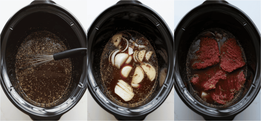 Some of the steps for making crock pot cube steaks. Whisk the French onion soup, beef broth, garlic powder, dried marjoram, dried thyme, crushed rosemary, and black pepper. Add the onions and the cube steak.