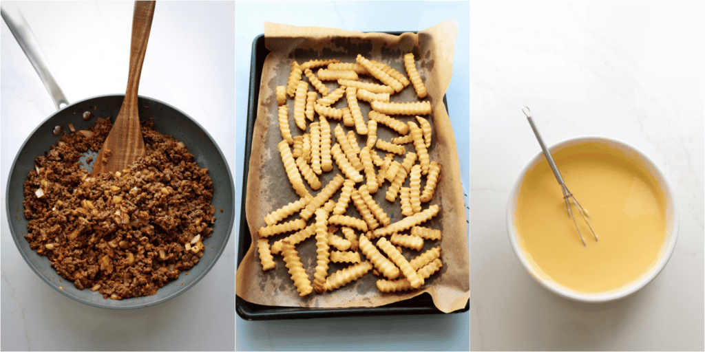 Some of the steps to making nacho fries. Brown the ground beef. About halfway through the browning process, add the chopped onion. Cook until the onions are soft and the beef is browned. Stir in the taco seasoning and water. Simmer until thickened. Meanwhile, bake the frozen fries until crispy.
Combine the cheese and milk in a microwavable bowl. Microwave at 50% power for 2-minute intervals, whisking between each interval.