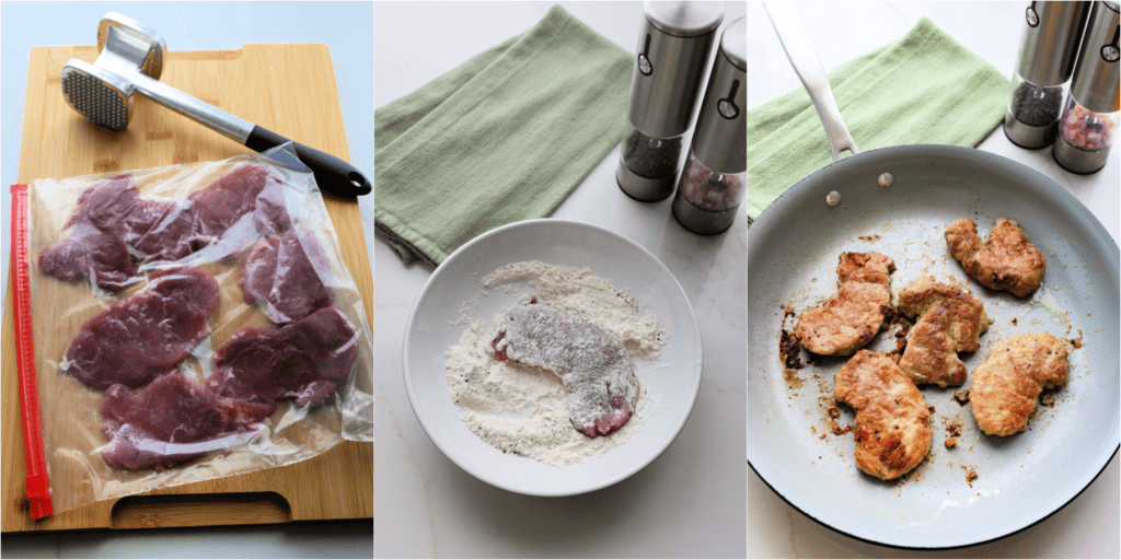 Some of the steps to making pork piccata. Pound the pork tenderloin to a ¼ to ⅓ inch thick.
Whisk the flour, salt, and black pepper. Dredge the pork in the flour mixture. Pan-fry the pork in a little oil over medium heat until browned on both sides and cooked through.