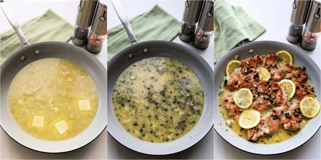 Some of the steps to making pork piccata. Heat a little more oil in the skillet over medium-low heat. Cook the shallot until tender. Reduce the heat and add the garlic. Cook for a minute while stirring. Add the wine and reduce by half. Then, add the lemon juice and chicken broth and simmer for a few minutes.
Whisk in the butter, capers, and fresh basil or parsley. Return the pork to the skillet.