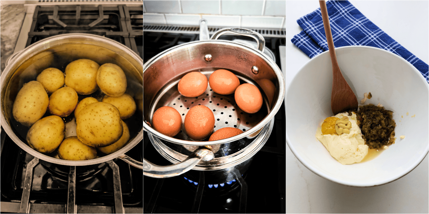 Some of the steps to making mustard potato salad.Boil the potatoes until tender. Plunge into an ice bath. Dry the potatoes and cube them. Steam the hard-boiled eggs and plunge them into an ice bath. Peel them and coarsely chop them. Stir the mayonnaise, yellow mustard, Dijon mustard, apple cider vinegar, and pickle relish in a large bowl.