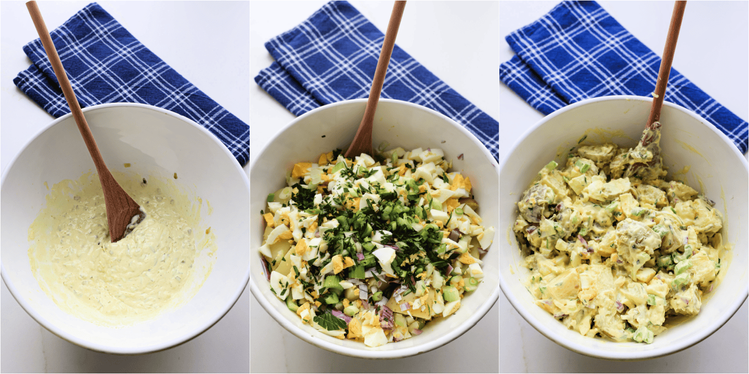 Some of the steps to making mustard potato salad. Stir the mayonnaise, yellow mustard, Dijon mustard, apple cider vinegar, and pickle relish in a large bowl. 

Add the cubed potatoes, chopped hard-boiled eggs, celery, red onion, parsley, and green onions. Stir gently to combine.