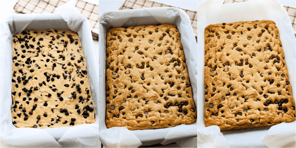 Some of the steps to making chocolate chip cookie bars. Spread the cookie batter into a parchment paper-lined 9x13-inch dish. Use an offset spatula to even the batter. Bake until lightly browned and set.