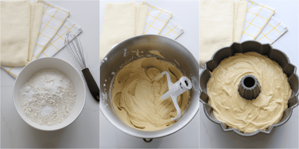 Some of the steps for lemon bundt cake. Whisk the flour, baking powder, baking soda, and salt. Cream the butter, granulated sugar, and lemon zest with an electric mixer on medium. Reduce the speed to stir and add the eggs one at a time just until mostly incorporated. With the mixer on low, beat in the vanilla, milk, sour cream, and lemon juice, alternating with the flour mixture. Scrape down the bowl and beater when needed. 
Spoon the batter into a bundt pan and bake.