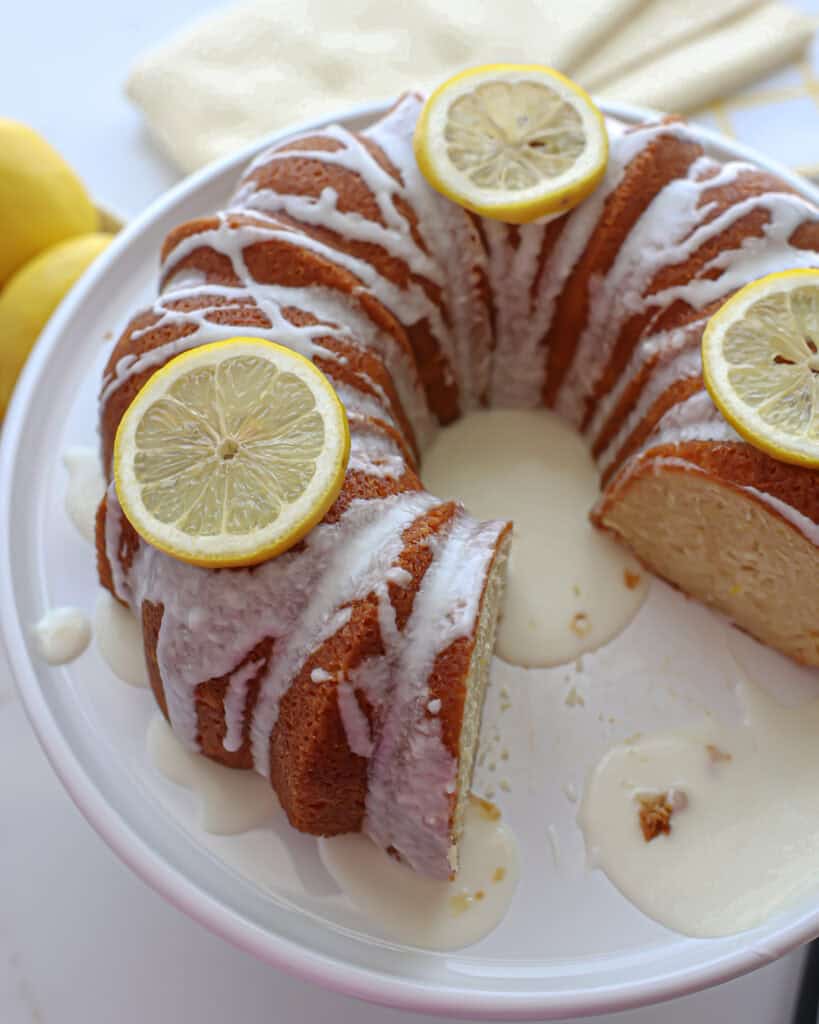 The overhead view of lemon bundt cake with lemon glaze. 