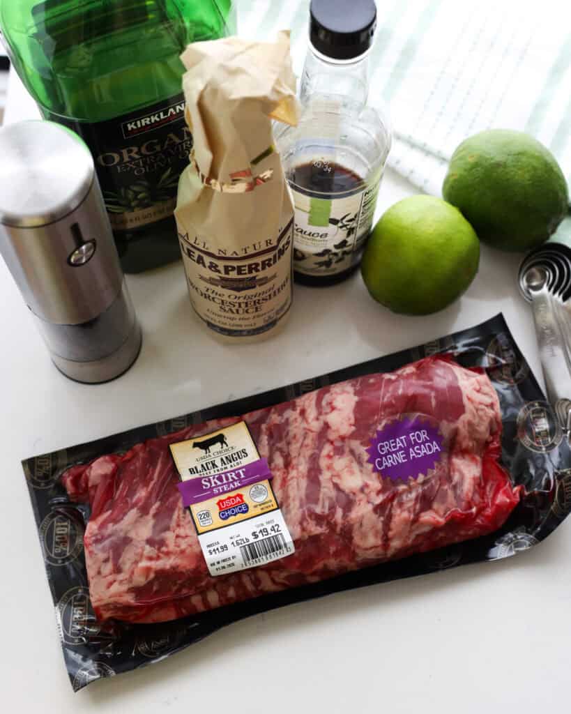 The ingredients needed for marinated grilled skirt steak. 