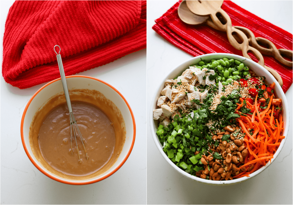Some of the steps to making Thai chicken salad. Whisk the Thai peanut dressing ingredients together. Assemble the cabbage, chicken, carrots, red bell pepper, green onions, edamame, cilantro, honey peanuts, and toasted sesame seeds in a large bowl.