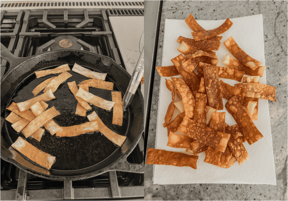 Some of the steps to making fried wonton strips. fry the wonton strips in a little vegetable, canola, or peanut oil. Fish them out with a spider strainer and put the strips on paper towels to drain.