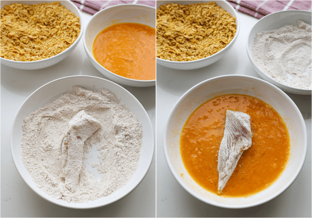 Some of the steps for making hot honey chicken. Bread the chicken tenders by dredging them through the flour, then in the egg mixture.
