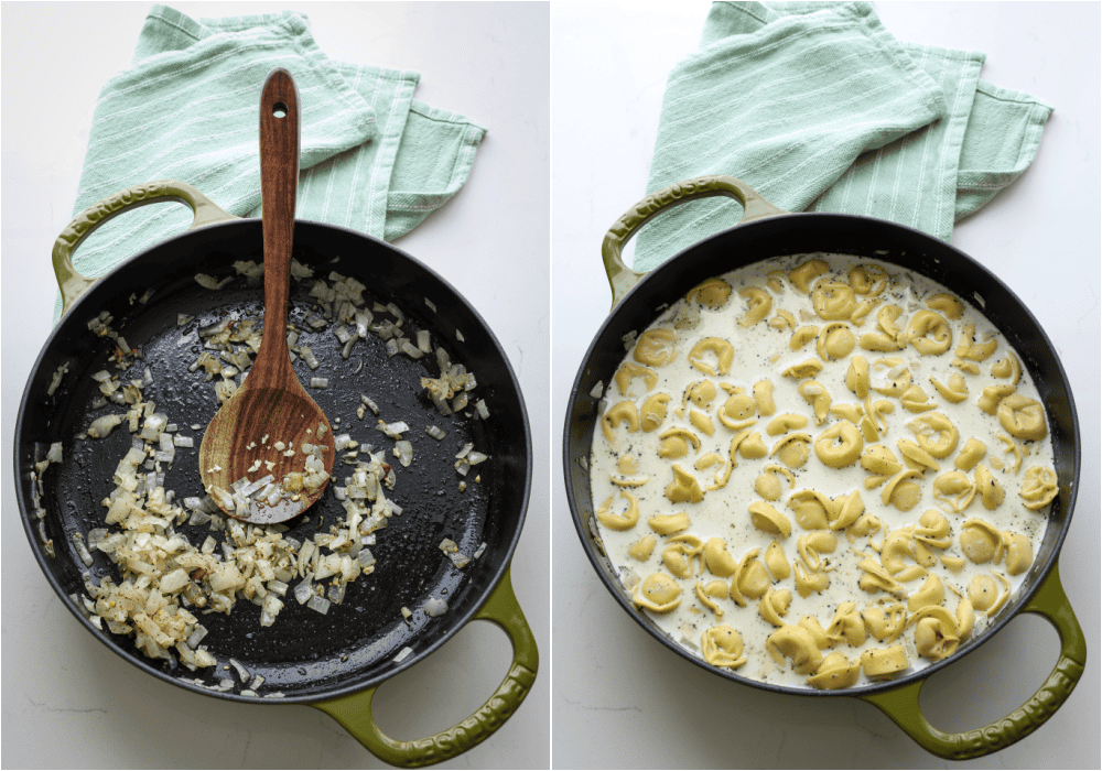 Some of the steps for making chicken tortellini. Cook the onions over medium heat. Reduce the heat to low and add the garlic and Italian seasoning. Cook for a minute while stirring. Stir in the chicken broth and heavy cream. Bring it to a gentle boil. Add the cheese tortellini and cook for 3-5 minutes or until al dente.