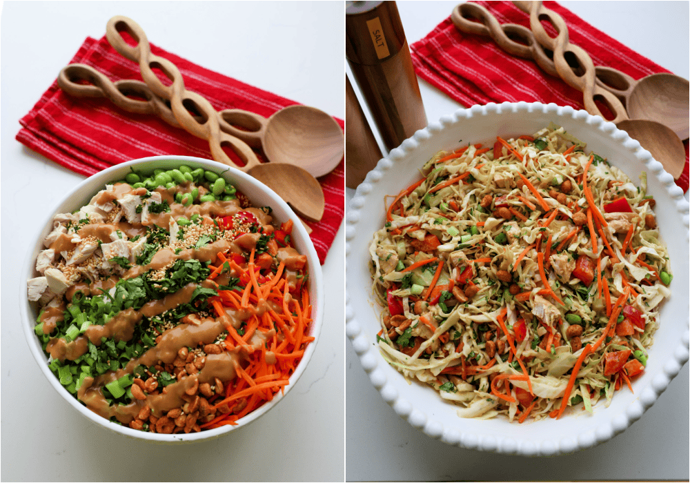 Some of the steps to making Thai chicken salad. Drizzle with the dressing and toss to coat. Top with fried wonton chips.