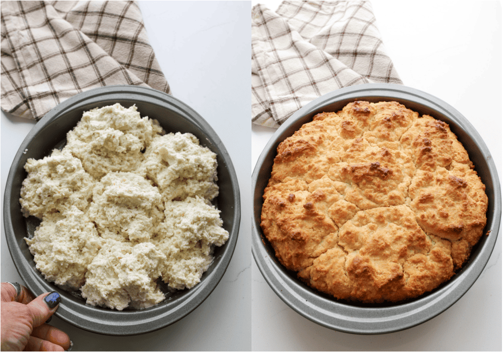 Some of the steps for making cathead biscuits. Drop the dough in large spoonfuls in the pan, barely touching. Bake until set and golden brown.