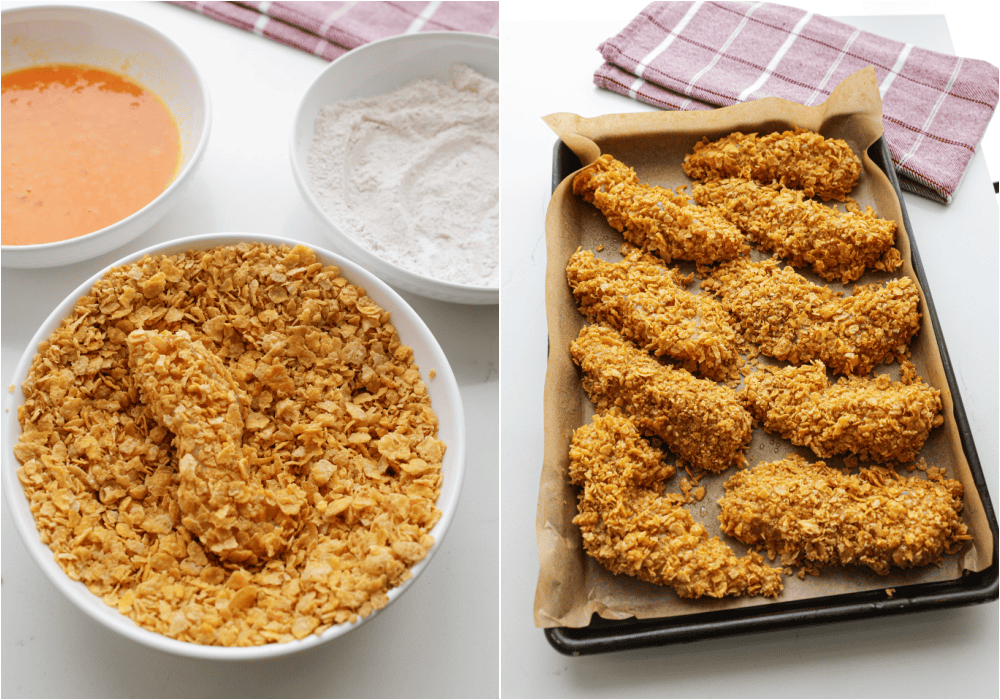 Some of the steps for making hot honey chicken. Dredhe the breaded chicken tender in the cornflake mixture and arrange them on a parchment covered baking sheet.
