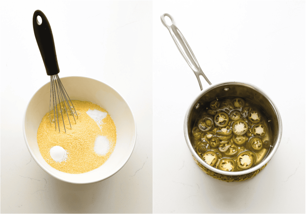 Some of the steps for making jalapeno cornbread. Whisk the flour, cornmeal, salt, baking powder, and baking soda in a medium bowl. Pickled jalapenos in a saucepan.