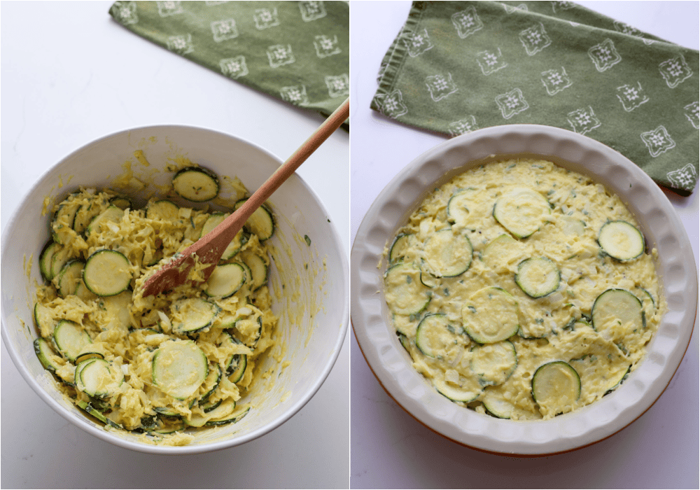 Some of the steps for making zucchini pie. Fold in the sliced zucchini and onions. Spoon the mixture into a greased deep dish pie pan.
