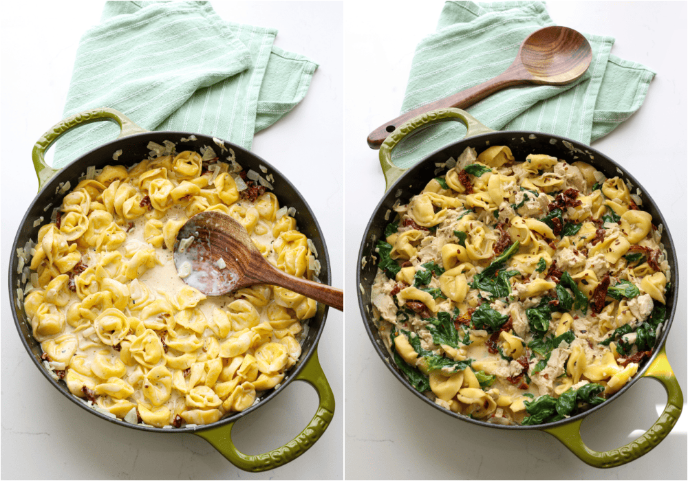 Some of the steps for making chicken tortellini. Stir in the Parmesan cheese and sundried tomatoes. Stir in the cooked chicken and baby spinach. Cook until the spinach wilts.