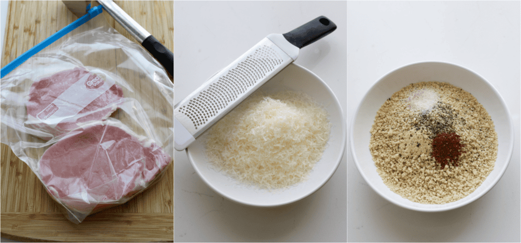 Some of the steps for making Parmesan crusted pork chops. Pound the pork chops with the spiked side of a meat mallet to about ¾-inch. Set up a bowl with the grated Parmesan cheese. Mix the breadcrumbs, garlic powder, onion powder, smoked paprika, black pepper, and salt in another bowl.